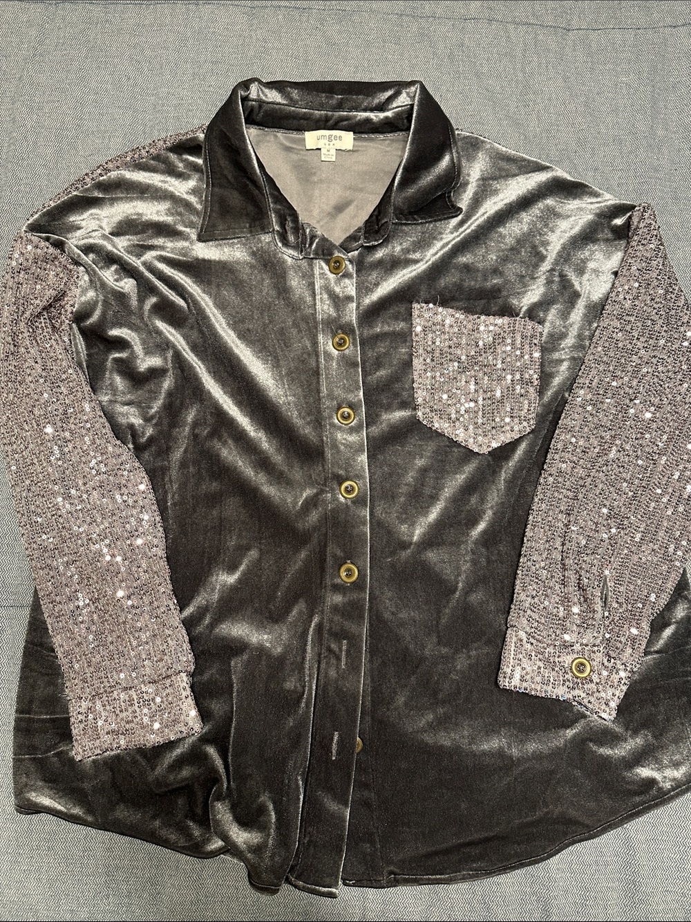 Umgee Grey Velvet Button-Up Shirt with Sequined Sleeves